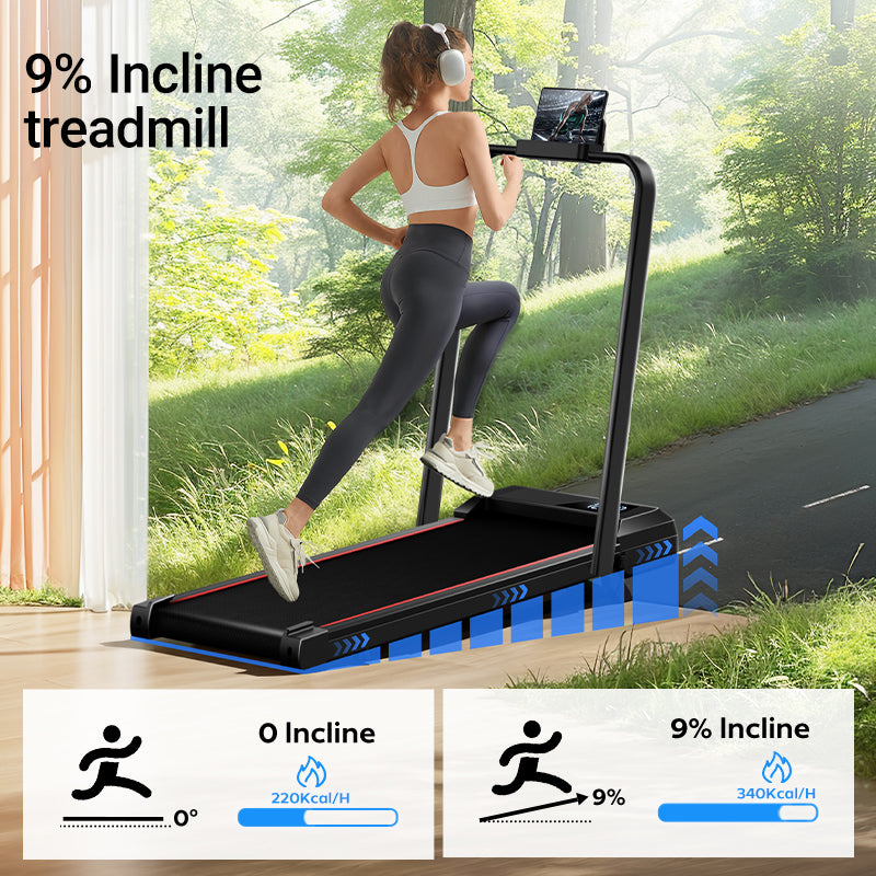 Woman using a treadmill with an incline feature outdoors