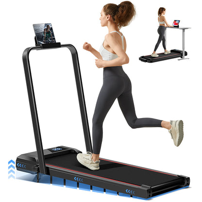 Woman running on a treadmill with a tablet stand attached, on a white background