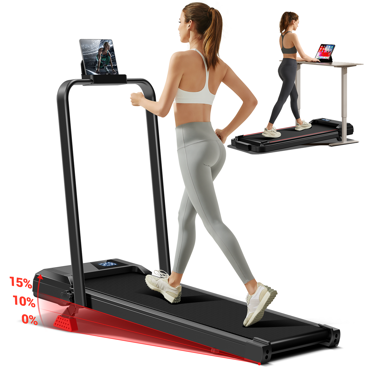 Woman using a treadmill with a tablet on a stand, showing different angles.