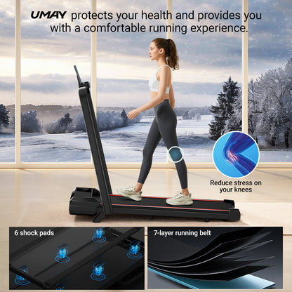 Woman using a treadmill with Umay branding, showing features like shock pads and running belt.
