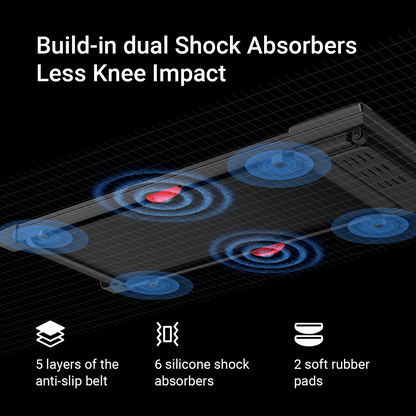 Diagram of a product with shock absorbers and text about knee impact reduction.