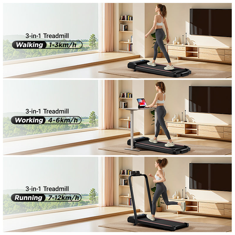 Woman using a 3-in-1 treadmill in a home setting with different speed settings displayed.