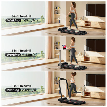Woman using a 3-in-1 treadmill in a home setting with different speed settings displayed.