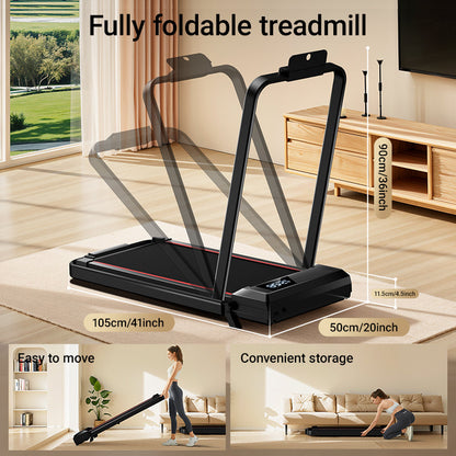 Fully foldable treadmill shown in a living room setting with text highlighting features.