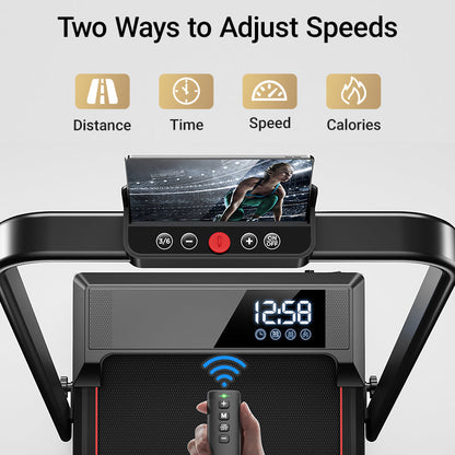 Treadmill control panel with digital display and remote control, showing 'Two Ways to Adjust Speeds' text.